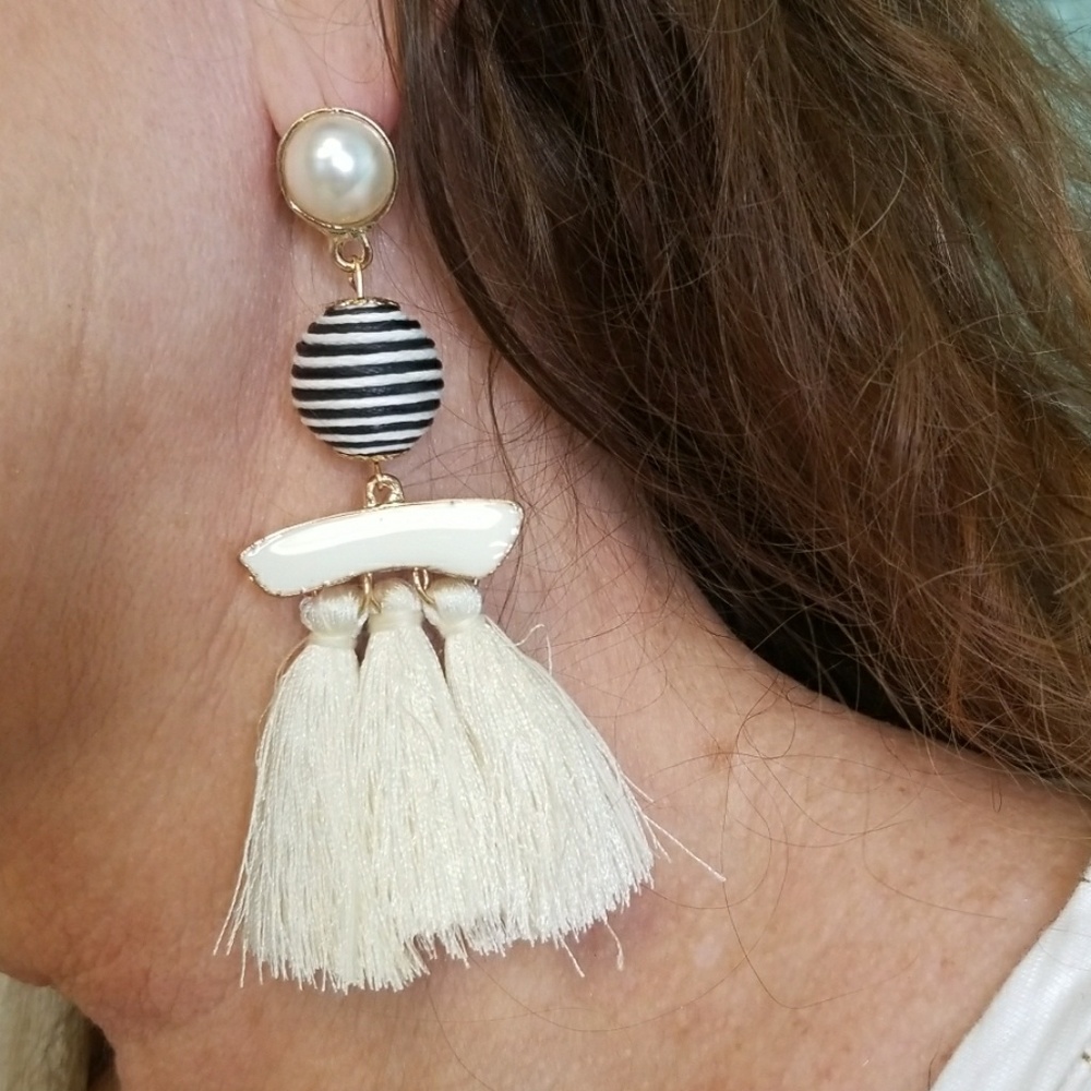 White and Blue Nautical Tassel Earrings - Picture 1 of 7